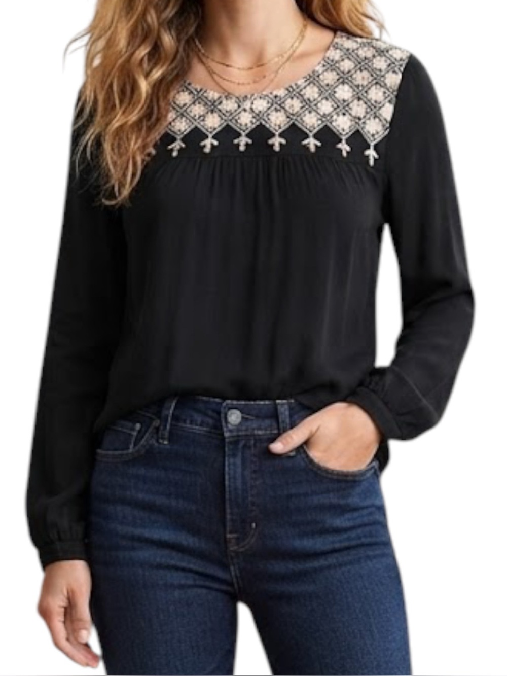 GAP Embroidered Peasant Blouse Cottagecore Black XS